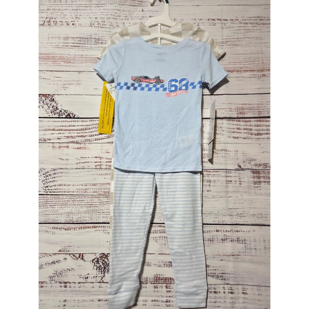 Hot Wheels Kids 4-Piece Pajama Set Pink Blue Tan Checkered Race Car 4T